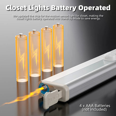 Under Cabinet Lights 10 LED Battery Powered Motion Sensor, showing 4 AAA batteries and charging port.