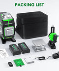 4x360 Degree Green Cross Line Laser Level With Self Leveling Ideal For Construction And Picture Hanging Rechargeable Battery Remote Control Magnetic Rotating Stand Pro Grade Bright Beam For Indoor Outdoor Use DIY Ready packing list with case, batteries, remote, mounts