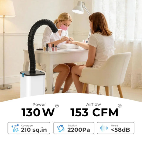 Nail Salon Fume Extractor With 130W Motor 260m3/h Air Flow Pedal Switch 3 In 1 HEPA Filter Low Noise Design in use during manicure