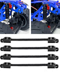 Front And Rear Suspension Travel Limit Straps For Losi 1 18 Mini LMT Monster Truck Shock Absorber Protection Upgrade Durable Aluminum With 60mm Nylon Straps, shown with hardware and installed on blue truck chassis.
