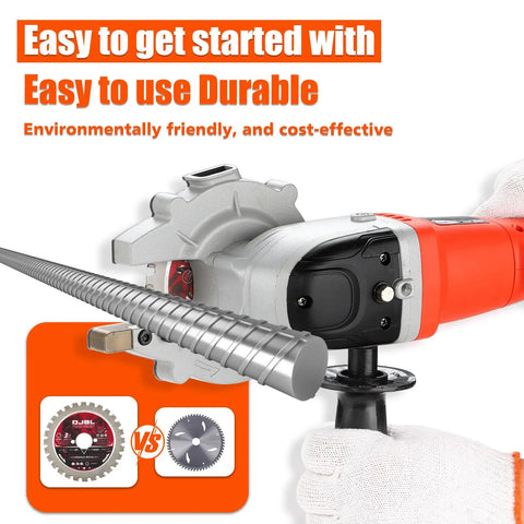 Heavy Duty 2100 W Brushless Electric Rebar Cutter With 110 Mm Blade, showing a steel rod and saw components.