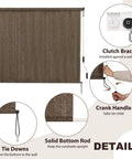 Outdoor Cordless Roller Sun Shade 6 Foot Wide By 8 Foot High Mocha For Patio Porch Pergola Balcony Backyard Privacy With 90 Percent UV Protection Windproof And Rainproof Shade Cloth product features and components including clutch bracket, crank handle, solid bottom rod, tie downs.