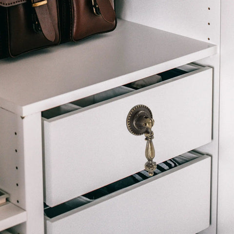 Vintage Cabinet Knobs With Sturdy Heavy Duty Drawer Pulls For Dressers And Interior Doors Hella Durable Hardware For An Instant Room Glow Up Easy Mount Two Pack on a white dresser.