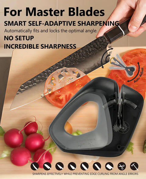 Smart Self Adaptive Knife Sharpener With Auto Angle Tech Delivers A Pro Edge In Seconds Safely Protects Blades All Blades Compatible Installation Free Durable And Easy Care For Any Kitchen Knife shown sharpening a chef's knife next to sliced vegetables.