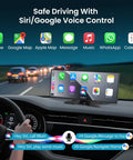 Driver using Mega 11.5 Inch Wireless CarPlay Screen With Android Auto HD Touchscreen, displaying app icons and voice control options