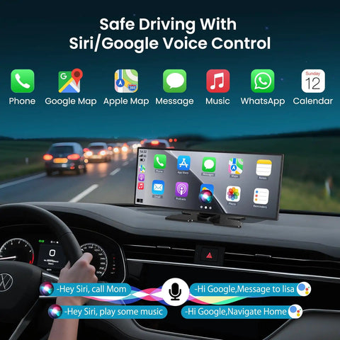Driver using Mega 11.5 Inch Wireless CarPlay Screen With Android Auto HD Touchscreen, displaying app icons and voice control options