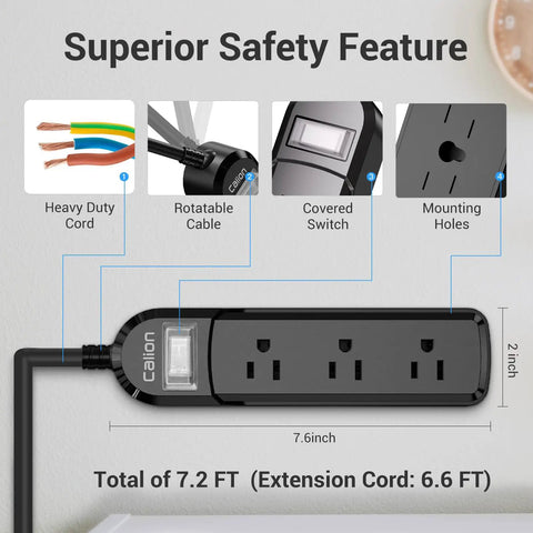 Diagram of Weatherproof Outdoor Power Strip With Three Outlets And A Six Foot Extension Cord IPX6 Rated, showing features.