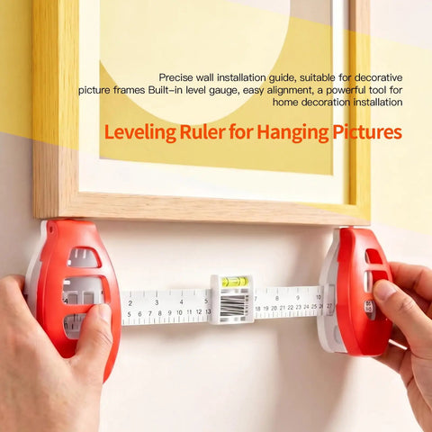 Professional 3 In 1 Picture Hanging Tool And Spirit Level features precision measuring ruler shown level with framed art.