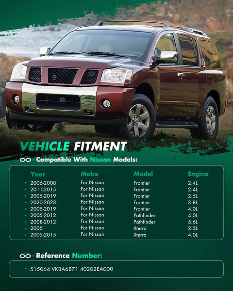 Front view of maroon Nissan SUV compatible with Front Wheel Bearing Hub Assembly 6 Lug Fits Nissan Pathfinder Frontier Xterra Equator With ABS 515064 2 Pack Durable Replacement Hubs For SUV And Pickup Trucks Easy Install Premium Quality.