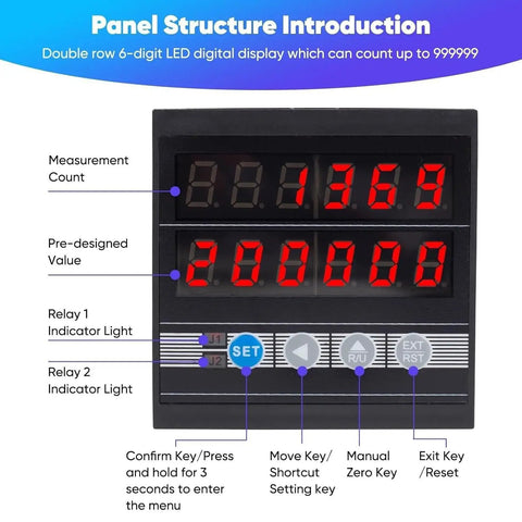 Digital Length Meter And Roll Through Measuring Wheel With High Precision Encoder For No Sweat Counting Up To 999999 Runs Across Feet Inch Meter Yard Units LED display panel for measurement with buttons.