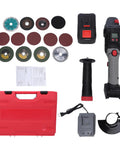 Heavy Duty 21V Cordless Angle Grinder With Brushless Motor And Rocking Head Runs Smooth As Silk Cutting Through Metal And Wood Reaches 9000 Rpm With Three Speed Settings To Knock Out Any Tough Job On Site, accessories and case included.