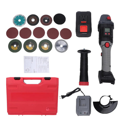 Heavy Duty 21V Cordless Angle Grinder With Brushless Motor tools kit including saw blades, sanding discs, battery, and protective case.