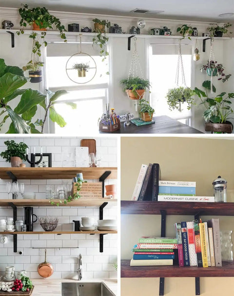 Heavy Duty 8 Inch Shelf Bracket For DIY Floating Shelves in use in kitchen and living room supporting books and plants.