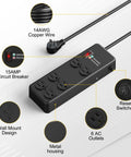 Heavy Duty Metal Power Strip Featuring Six Hella Durable Outlets And Big Time 3000 Joule Surge Protection For Computers Tools And Home Gear Along With A Smooth Six Foot Black Cord with reset switches and circuit breaker.