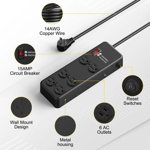 Heavy Duty Metal Power Strip Featuring Six Hella Durable Outlets And Big Time 3000 Joule Surge Protection For Computers Tools And Home Gear Along With A Smooth Six Foot Black Cord with reset switches and circuit breaker.