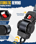 Close-up of Retractable Ratchet Tie-Down Straps 2 Inch By 10 Feet, 3000 Lbs Break Strength with auto-rewind feature visible.