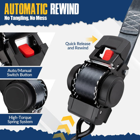 Close-up of Retractable Ratchet Tie-Down Straps 2 Inch By 10 Feet, 3000 Lbs Break Strength with auto-rewind feature visible.