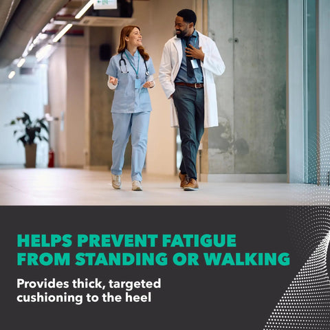 Two medical professionals walking inside a hospital corridor showcasing heavy duty all day comfort and support shoe insoles.