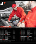 Mechanic near open hood with chart of compatible Chrysler Dodge Jeep Ram 3.6L V6 vehicles listed. Electronic Throttle Body Compatible With Chrysler Dodge Jeep Ram 3.6L V6 Vehicles Including 200, 300, Pacifica, Town And Country, Voyager, Avenger, Challenger, Charger, Durango, Grand Cherokee, Wrangler, Ram 1500 Plug And Play.