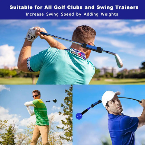 Golfers using Stripe Golf Swing Weight For Practice And Warm Up on clubs; pro style swing trainer for drivers, woods, hybrids, navy finish.