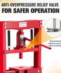Beefy 12 Ton H Frame Shop Hydraulic Press With Adjustable Worktable And Steel Plates showing anti-overpressure relief valve