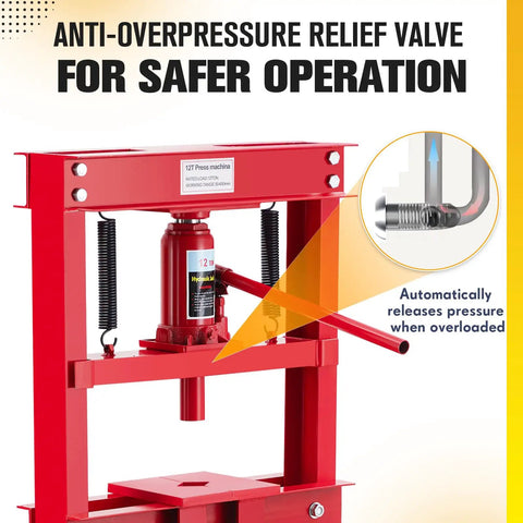 Beefy 12 Ton H Frame Shop Hydraulic Press With Adjustable Worktable And Steel Plates showing anti-overpressure relief valve