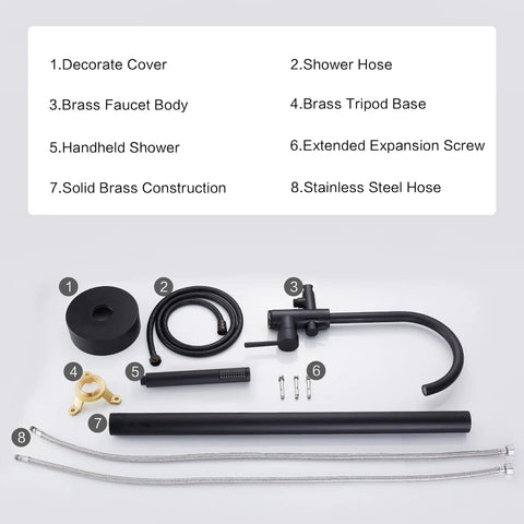 Matte Black Freestanding Tub Faucet Floor Mounted Brass Bathroom Tub Filler with Hand Shower components organized
