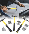 Man using 7 Piece Auto Body Repair Kit With Carbon Steel Hammer And Dolly Set on car panel for dent repair.
