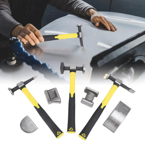 Man using 7 Piece Auto Body Repair Kit With Carbon Steel Hammer And Dolly Set on car panel for dent repair.