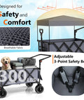 3 In 1 Collapsible Foldable Wagon With 300 Lbs Capacity And 150 L Heavy Duty Utility Cart Removable Canopy All Terrain Beach Wheels And Drink Holders Gray No Sweat Outdoor Hauling with adjustable safety belt and breathable fabric