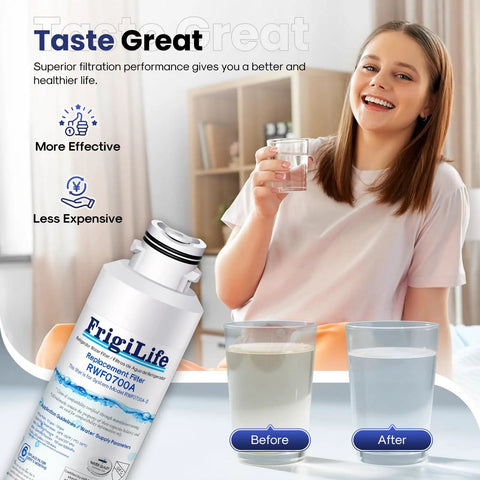 Woman holding glass of water from Samsung Fridge Water Filter Replacement 2900020B 4 Pack Fits RF28HMEDBSR RF263BEAESR HAF CIN EXP RF4287HARS