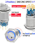Rock Solid 19mm Three Quarter Inch Stainless Steel Rotary Switch 2NO 2NC DPDT Latching 90 Degree 2 Position With Blue LED Indicator