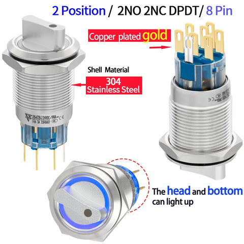 Rock Solid 19mm Three Quarter Inch Stainless Steel Rotary Switch 2NO 2NC DPDT Latching 90 Degree 2 Position With Blue LED Indicator