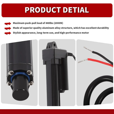 Close-up of Beefy 36 Inch 12V Linear Actuator Kit Heavy Duty 440 Pounds 2000N IP65 Protection, showing aluminum body and wires.