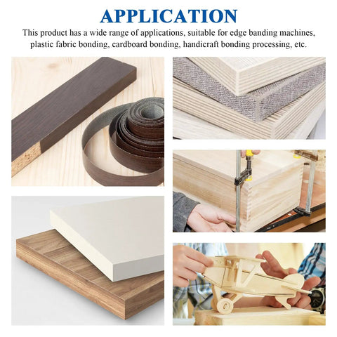 Heavy Duty Hot Melt Edgebander Glue Pellets Straight Up Premium EVA Formula With Killer Viscosity And Rock Solid Bond For Woodworking Machines, various wood applications shown.