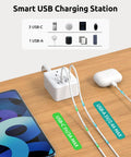Smart USB Charging Station with 3 USB-C and 1 USB-A ports on a wooden desk; ideal for multi-device charging.