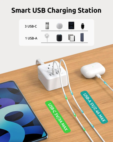 Smart USB Charging Station with 3 USB-C and 1 USB-A ports on a wooden desk; ideal for multi-device charging.