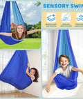 Heavy Duty Indoor Outdoor Swing Frame With Sensory Pod Swing And Hammock Chair Stand For Adults X Shaped Steel Base For Stability 330 Lbs Capacity Durable Powder Coated Steel Dope Backyard Play Set with children playing in blue sensory swing.