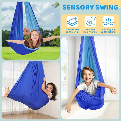 Heavy Duty Indoor Outdoor Swing Frame With Sensory Pod Swing And Hammock Chair Stand For Adults X Shaped Steel Base For Stability 330 Lbs Capacity Durable Powder Coated Steel Dope Backyard Play Set with children playing in blue sensory swing.