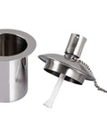 Polished Stainless Steel Table Top Tiki Torch Canister With Refillable Fuel Reservoir For Outdoor Use shown disassembled