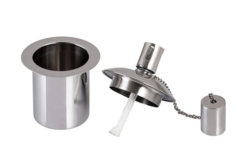 Polished Stainless Steel Table Top Tiki Torch Canister With Refillable Fuel Reservoir For Outdoor Use shown disassembled