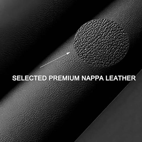 Close-up of selected premium Nappa leather texture for Kickass Double Duty Armrest Pad For Tesla Cybertruck Console.