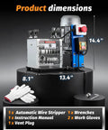 Heavy Duty 550W Electric Wire Stripper Machine Strips Gauge Wire From.06 To 1 Inch dimensions, shown with gloves and tools.