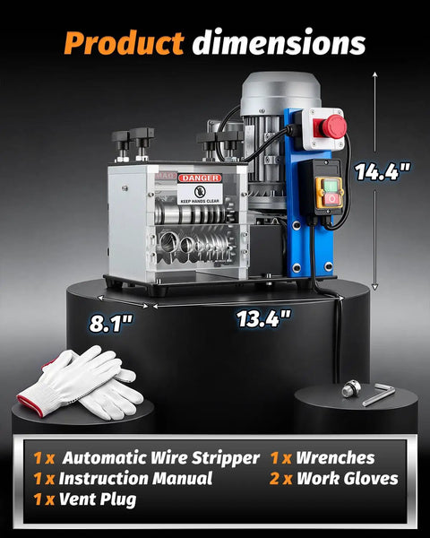 Heavy Duty 550W Electric Wire Stripper Machine Strips Gauge Wire From.06 To 1 Inch dimensions, shown with gloves and tools.