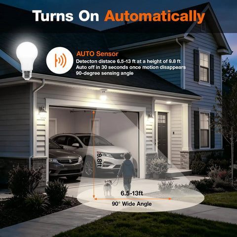 Motion Sensor A19 LED Bulb For Dusk To Dawn Security Lighting, 8.5W No Fuss 60W Equivalent, Frosted Finish, 90 CRI, Damp Rated, 5000K Daylight, Porch And Garage Safety Light, Easy Install, 2 Pack on garage exterior
