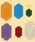 Five Set Of Thirty Six Bookmark Die Cuts And Tag Dies With Embossing Stencils For Scrapbooking, shown in colorful and metal variations