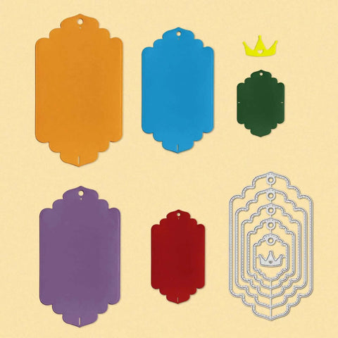 Five Set Of Thirty Six Bookmark Die Cuts And Tag Dies With Embossing Stencils For Scrapbooking, shown in colorful and metal variations