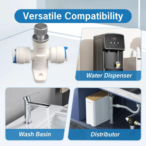 Needle valve 1/4 in water flow regulator with white body and blue caps; shown with water dispenser and faucet.