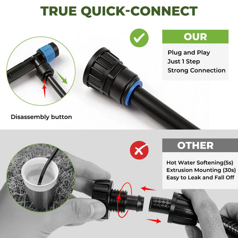 Comparison of quick-connect feature in 100Ft Drip Irrigation System Kit for easy install garden watering with similar products.