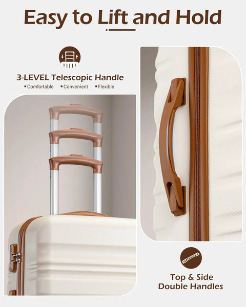 Front view of a beige-brown ABS+PC hardside luggage set (6 pieces) with 3-level telescopic handle and top/side handles.